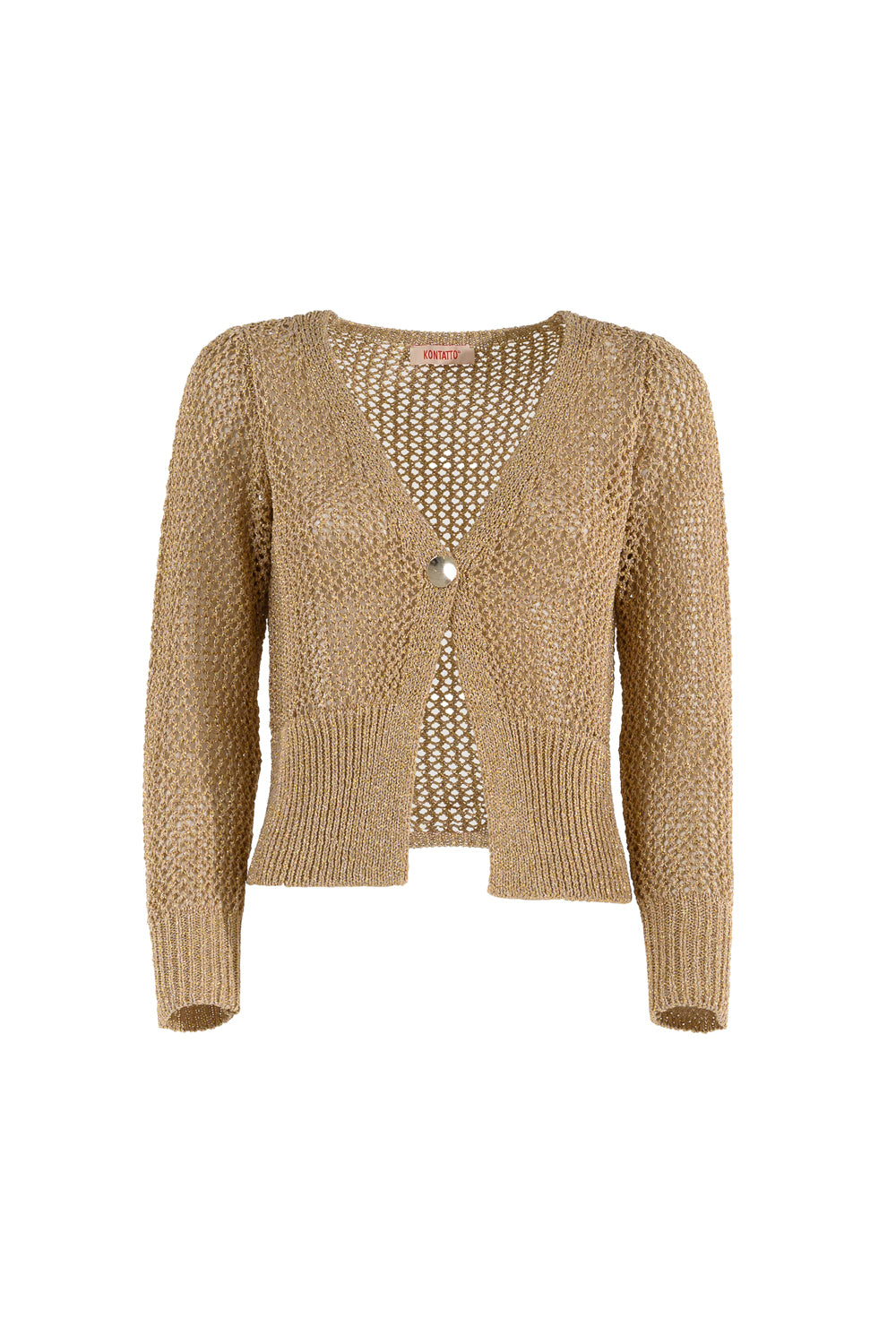 Cardigan traforato in lurex con bottone dorato