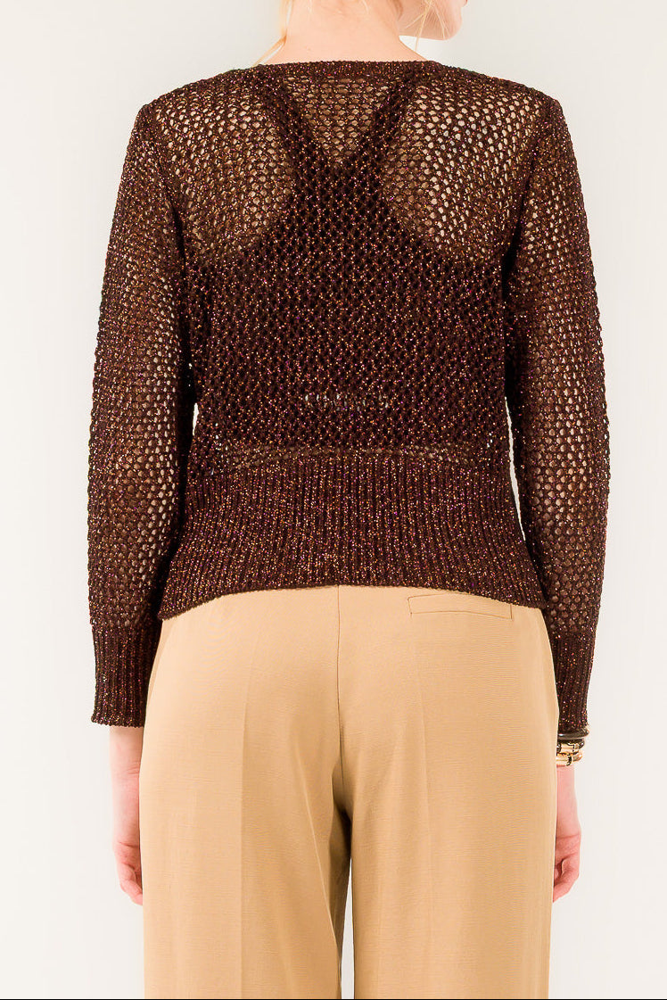 Cardigan traforato in lurex con bottone dorato