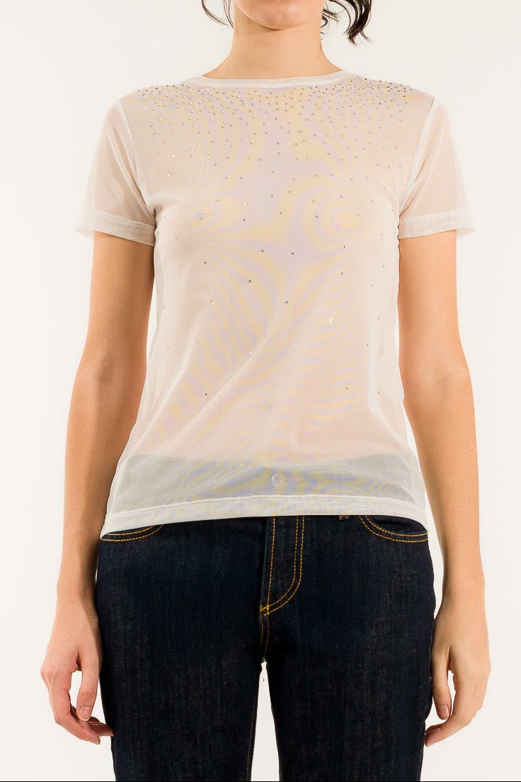 T-shirt da donna in tulle con strass