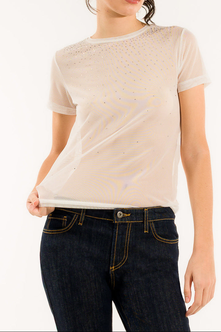 T-shirt da donna in tulle con strass